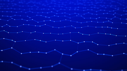 Network of bright connected dots and lines. Abstract dynamic wave of many points. Digital background. 3D rendering.
