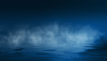 Naklejka na ściany i meble Dark dramatic background. Wet asphalt, smoke and fog. Neon light spotlight. 3d illustration