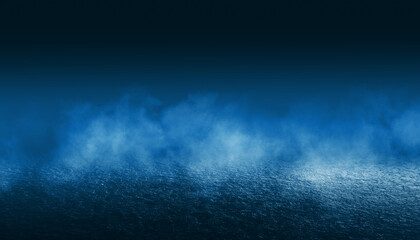 Dark dramatic background. Wet asphalt, smoke and fog. Neon light spotlight. 3d illustration