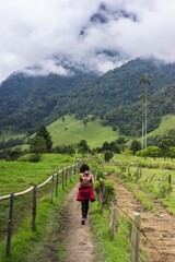 Girl with backpack walking alone in cocora valley, salento, colombia. Vertical