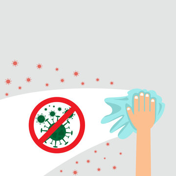 Hand Holding Napkin Cloth Cleaning Window For Stop Corona Virus (Covid-19) Activity For New Normal Concept Vector Illustration