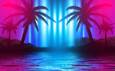 Deurstickers Strand zonsondergang Silhouettes of tropical palm trees on a background of abstract background with neon glow. Reflection of palm trees on the water. 3d illustration