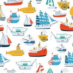 Kids sea seamless pattern with ship, sailboat, icebreaker, submarine, steamship in cartoon style. Cute texture for kids room, Wallpaper, textiles, wrapping paper, apparel. Vector illustration
