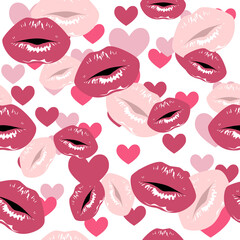Pink lips prints with gloss and hearts. Vector seamless background.