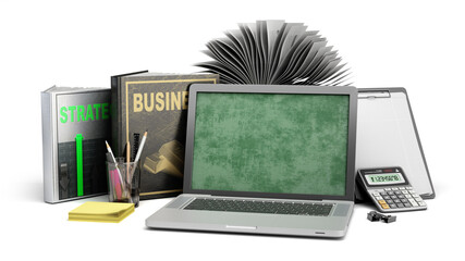 online business training concept laptop with books and calculator 3d render on a white background