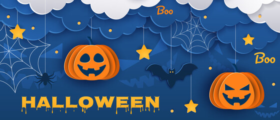 Halloween classic blue background with pumpkins and bats in paper style, 3D