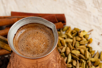 Turkish coffee with foam in copper turk