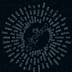 Okinawa Island digital map. Binary rays radiating around glowing island. Internet connections and data exchange design. Vector illustration.