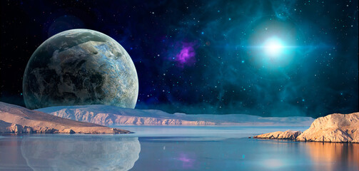 Obraz na płótnie Canvas Space background. Planet and colorful nebula with mountain reflection in water, sea. Photo manipulation, elements furnished by NASA. 3D rendering