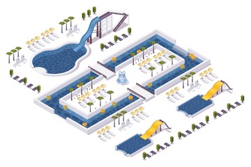 Isometric water park, hotel outdoor scene with set of colorful slides with pools. Palms, sunbeds and no people