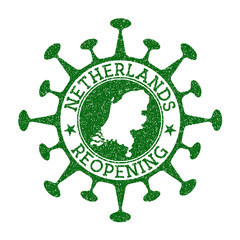 Netherlands reopening stamp. Green round badge of country with map of Netherlands. Country opening after lockdown. Vector illustration.