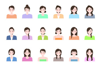 
Illustration of a woman's upper body with various hairstyles and faces