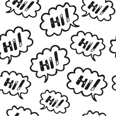 Vector lettering greeting seamless pattern. Hi, hello black and white pattern for printing on textiles, packaging, wallpaper, paper.