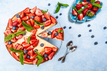 homemade Cheesecake with strawberries, delicious and simple cake. banner menu recipe place for text