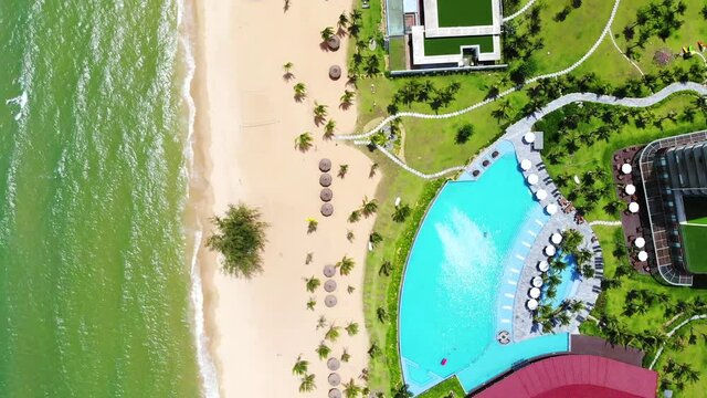 High quality royalty free stock footage, Aerial view of Phu Quoc  coast, Vietnam. Romantic beach from the top video concept with beach resorts
