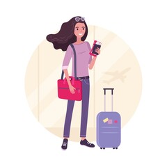 Traveling young beautiful woman with luggage in the airport before flight, tourist girl holding tickets. Traveling concept, vector illustration in cartoon, flat style