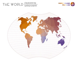 World map with vibrant triangles. Ginzburg VI projection of the world. Purple Orange colored polygons. Neat vector illustration.