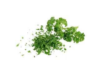 Obraz premium pile of chop fresh parsley and branch parsley on white background