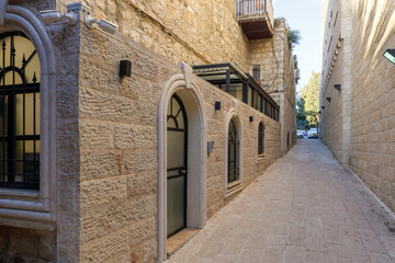 Fototapeta na wymiar Quiet streets in the Mamila quarter in Jerusalem, Israel. The Maaravim Street.