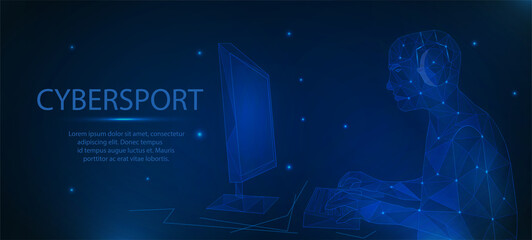 Esports in polygonal style, vector template. Turinir, Esports, print design, cybersportsman on a blue background. Professional 3d mesh art gamer with connected dots. Video game and cybersport design. © varflolomey