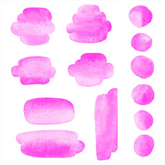 Fuchsia pink watercolor graphic elements set. Brush strokes collection, smudges, cute smears, oval rounded watercolour shapes, circles, paint spots, round stains.  Text background, hand drawn frame.