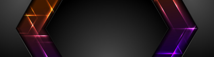 Black arrows abstract tech banner design with glowing neon lights. Futuristic vector background