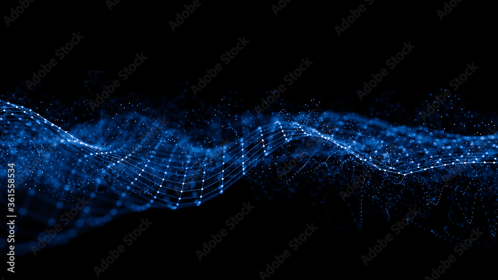 Fototapete Abstract 3d rendering futuristic lines. computer geometric digital connection structure. Futuristic black abstract grid. Plexus with particles. Intelligence artificial