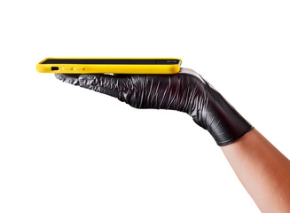 Hand in black glove holding mobile phone with blank screen isolated on white
