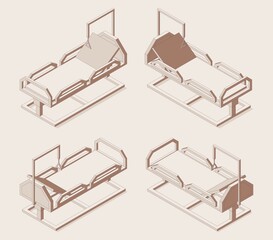 Isometric set hospital bed in outline style, back and front view drawn with line and shadow. Various 3d foreshortening