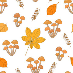 Seamless pattern mushrooms autumn leaves vector illustration