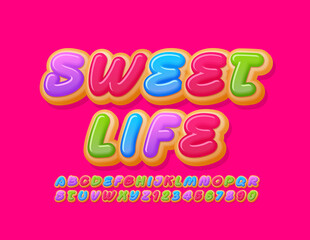 Vector stylish Emblem Sweet Life. Bright Tasty Font. Colorful glazed Donut Alphabet Letters and Numbers