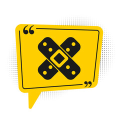 Black Crossed bandage plaster icon isolated on white background. Medical plaster, adhesive bandage, flexible fabric bandage. Yellow speech bubble symbol. Vector Illustration.