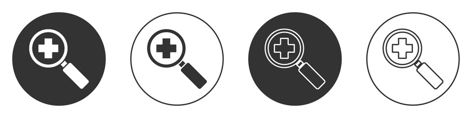 Black Magnifying glass for search medical icon isolated on white background. Hospital search. Circle button. Vector Illustration.