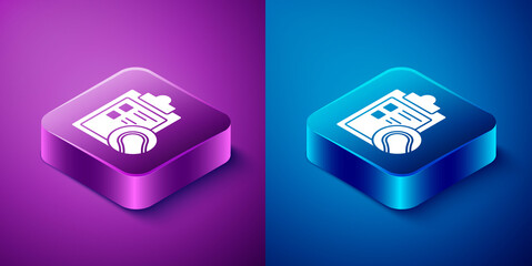 Isometric Checklist clipboard and tennis ball icon isolated on blue and purple background. Sport equipment. Square button. Vector Illustration.