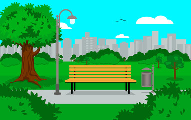 A park bench under the big tree, lantern and a trash can with the city in the background. Vector illustration in cartoon style