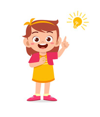 happy cute little kid girl with idea lamp sign