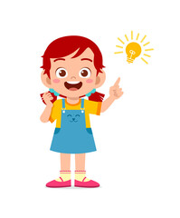happy cute little kid girl with idea lamp sign