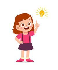 happy cute little kid girl with idea lamp sign