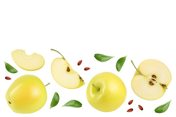 yellow apple with half isolated on white background. Top view. Flat lay with copy space for your text