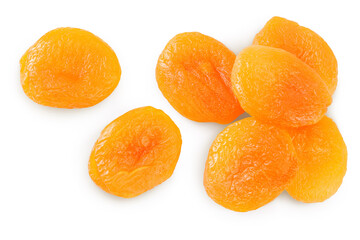Dried apricots isolated on white background with clipping path and full depth of field. Top view. Flat lay