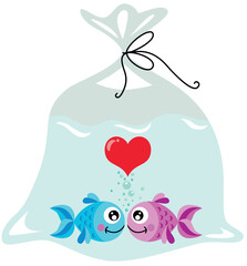 Cute couple of fish in love inside the plastic bag
