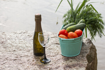 picnic on a large rock on the sea.