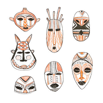 Illustration set with african mask. Ritual ethnic traditional symbols. Collection tribal different shapes masks in sketch doodle style. Pencil hand drown artwork. Cartoon illustration with ornament