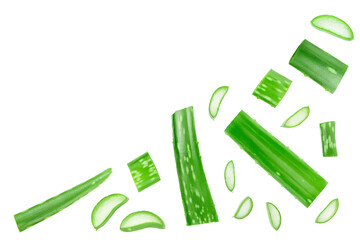 Aloe vera with slices isolated on white background with copy space for your text. Top view. Flat lay.