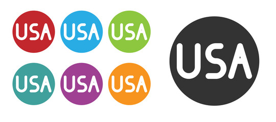 Black USA label icon isolated on white background. United States of America. Set icons colorful. Vector Illustration.