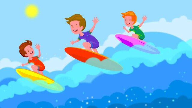 Young boy surfing on sea. Child on surf board on ocean wave.
 Active water sports for kids.