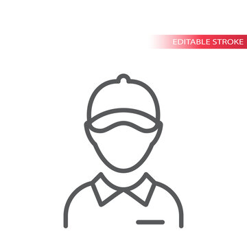 Employee with collar and hat thin line vector icon. Delivery boy or worker with visor cap outline symbol, editable stroke.