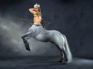 3D Rendering : A portrait of the male centaur, a pinup centaur posing with a bow in his hand as the centaur archer  © Tritons