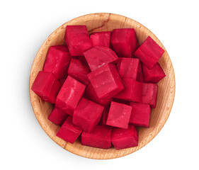 beetroot diced in wooden bowl isolated on white background with clipping path and full depth of field. Top view. Flat lay