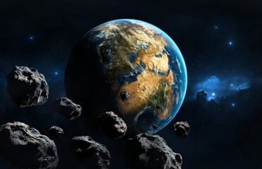 Erde mit Asteroiden